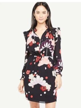 Ann Taylor Floral Ruffle Dress Small Petite Lined High Neck Feminine Work Office